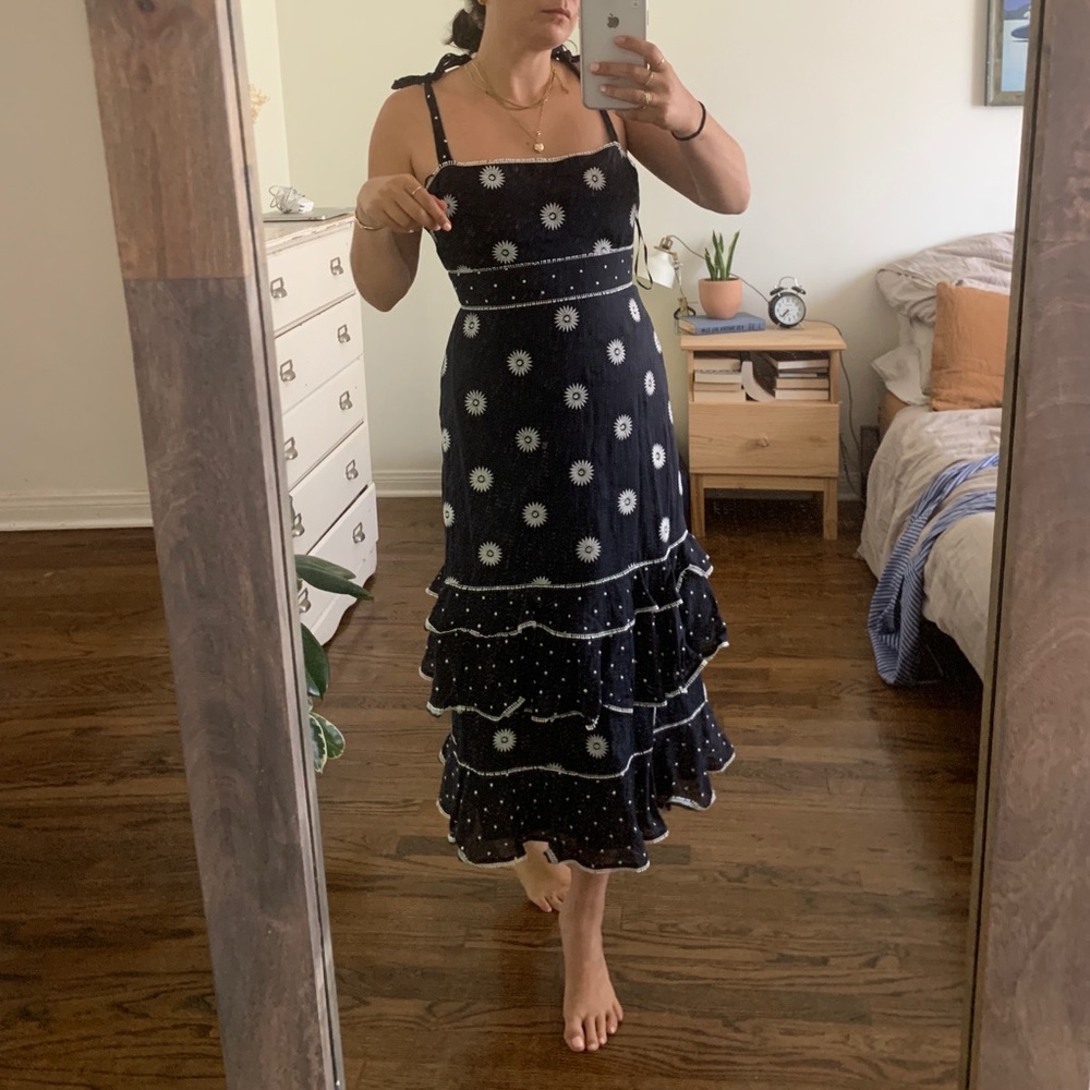 Cotton Tiered Midi Dress - Floral Embroidery